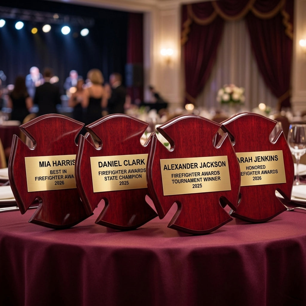 Multiple personalized Firefighter Awards awards displayed together for a banquet or team order, each custom engraved in rosewood — featuring personalized firefighter retirement plaque, a popular choice for First Responders for Volunteer Firefighter Appreciation Events