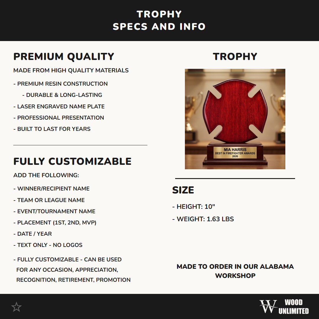 Firefighter Awards award size, rosewood material, and personalization specification chart for custom engraving orders, formatted for Amazon shoppers — featuring custom engraved maltese cross award, a popular choice for Fire Departments for Firefighter Retirement Ceremonies