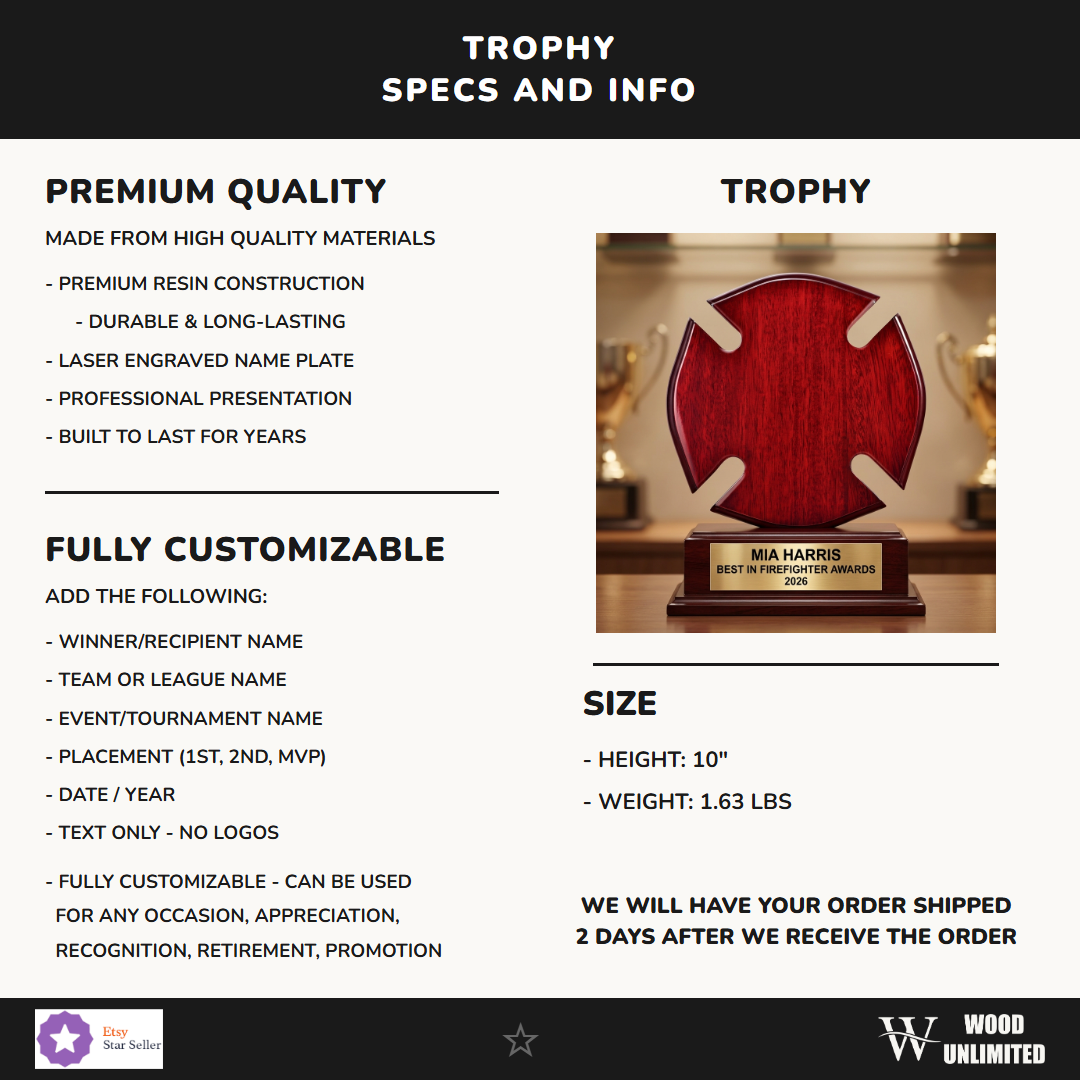 Firefighter Awards award size, rosewood material, and personalization specification chart for custom engraving orders — featuring rosewood fire academy graduation gift, a popular choice for Firefighter Associations for Promotion Ceremonies