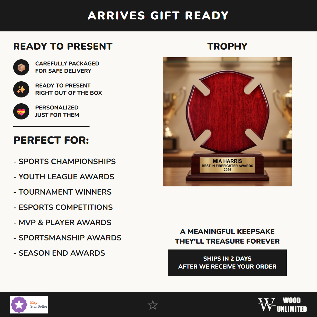 Gift-ready presentation of a personalized Firefighter Awards award in rosewood, ready to ship for recognition gifting — featuring firefighter service award for engraving, a popular choice for Firefighter Associations for Firefighter Retirement Ceremonies