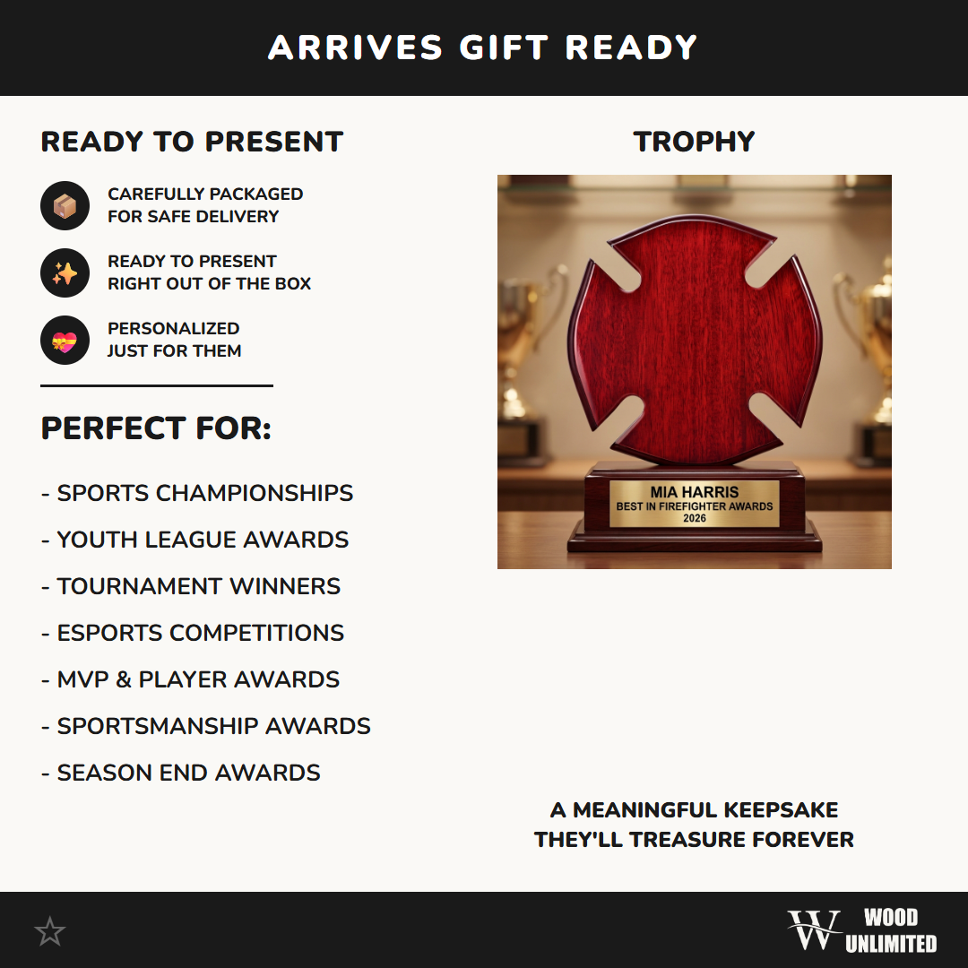 Gift-ready presentation of a personalized Firefighter Awards award in rosewood, ready to ship for recognition gifting, formatted for Amazon shoppers — featuring rosewood fire academy graduation gift, a popular choice for Fire Departments for Volunteer Firefighter Appreciation Events