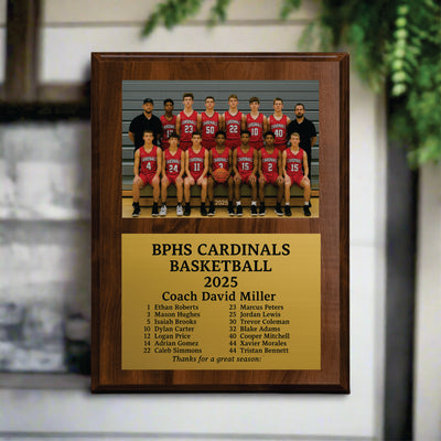 Personalized Basketball Coach Photo Plaque – Custom Engraved Gold Plate Award, Slide-In Team Picture Gift, Basketball Coac...