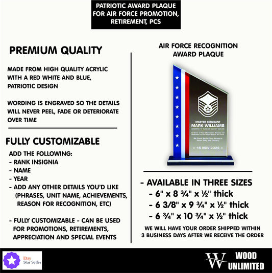 Air Force Promotion Gift Plaque, Military Promotion Gift for Officer or Enlisted USAF, Perfect for Promotion, Retirement, Recognition or PCS