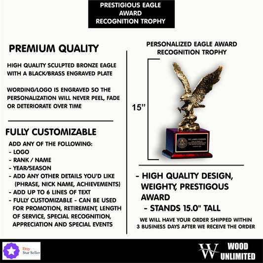 Military Appreciation Award, Bronze Finished Eagle Trophy, Patriotic Recognition Award for Army, Navy, Air Force, Marines & Coast Guard