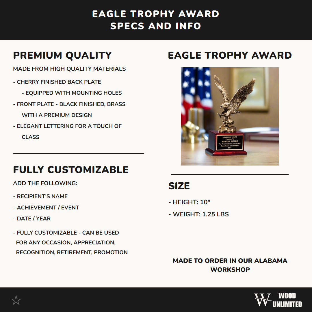 Military Appreciation Award, Bronze Finished Eagle Trophy, Patriotic Recognition Award for Army, Navy, Air Force, Marines & Coast Guard
