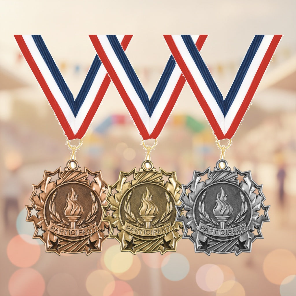 Personalized Participant Medals with Neck Ribbon - Gold Silver Bronze - Custom Engraved