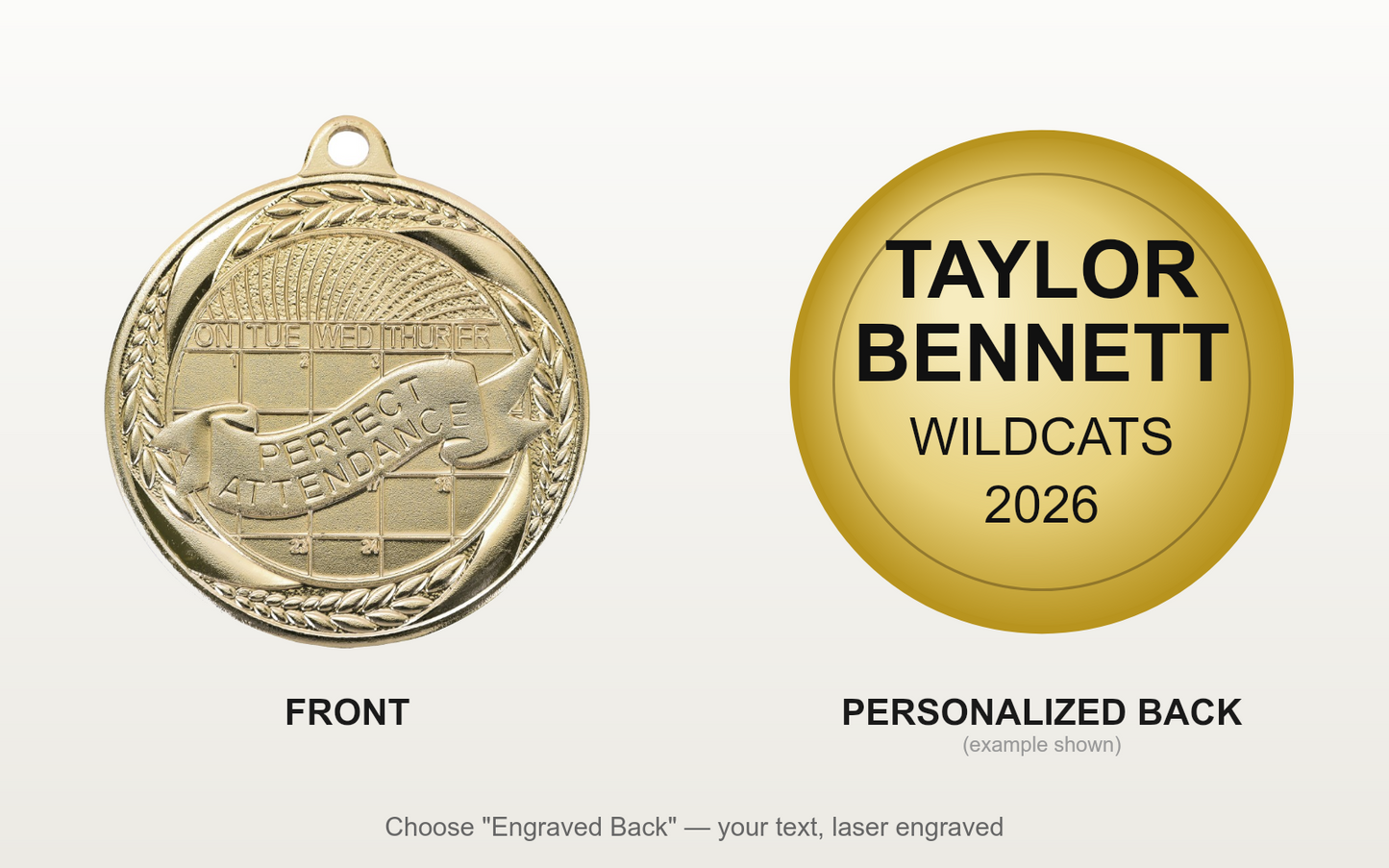 Personalized Perfect Attendance Medals with Neck Ribbon - Gold - Custom Engraved