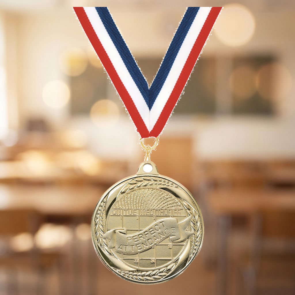 Personalized Perfect Attendance Medals with Neck Ribbon - Gold - Custom Engraved