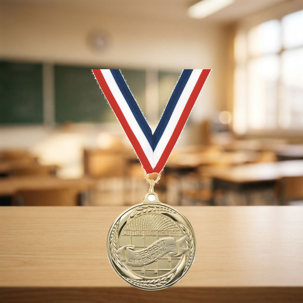 Personalized Perfect Attendance Medals with Neck Ribbon - Gold - Custom Engraved