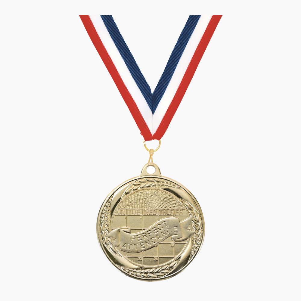 Personalized Perfect Attendance Medals with Neck Ribbon - Gold - Custom Engraved