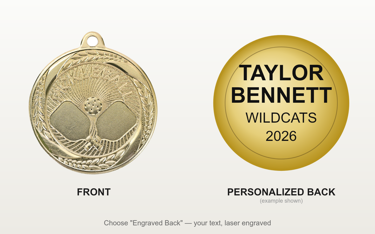 Personalized Pickleball Medals with Neck Ribbon - Gold - Custom Engraved