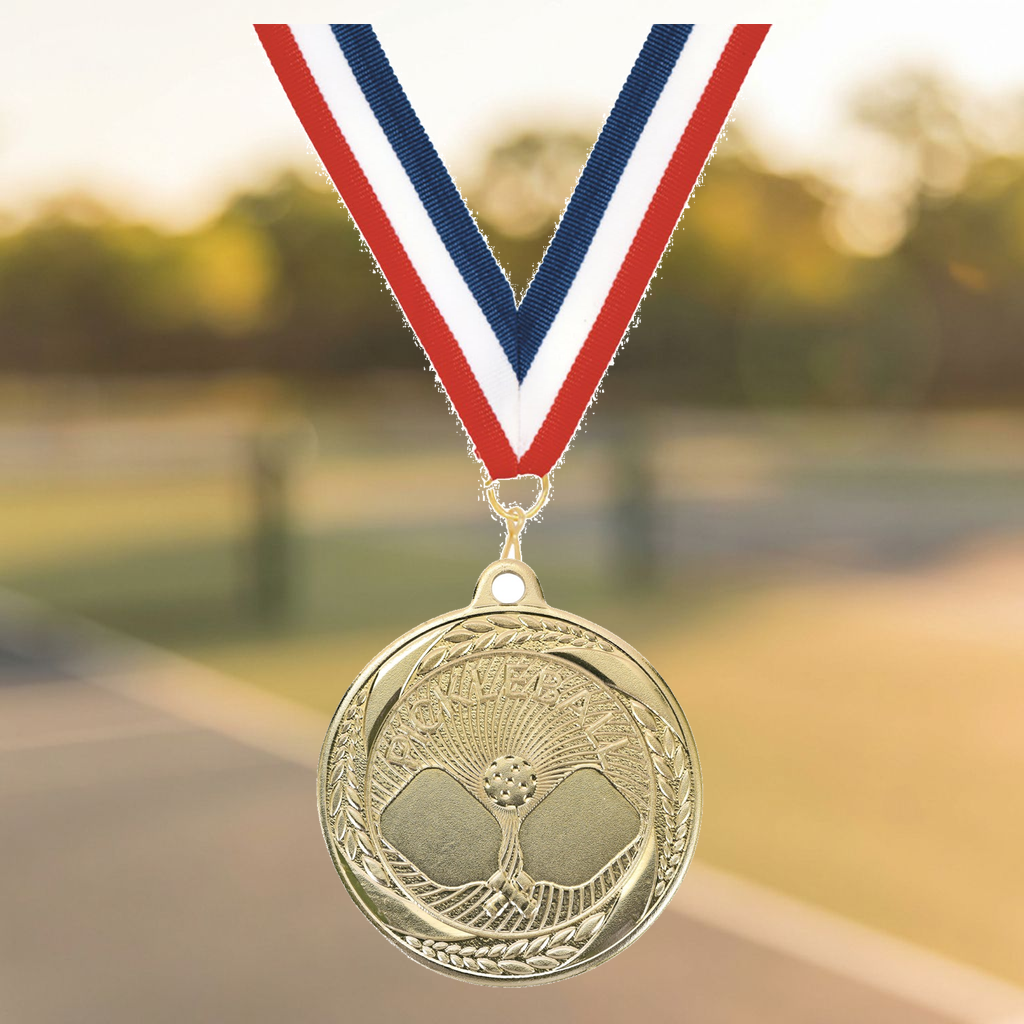 Personalized Pickleball Medals with Neck Ribbon - Gold - Custom Engraved