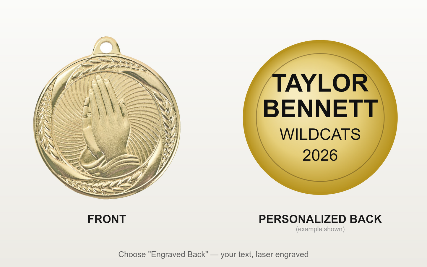 Personalized Praying Hands Medals with Neck Ribbon - Gold - Custom Engraved