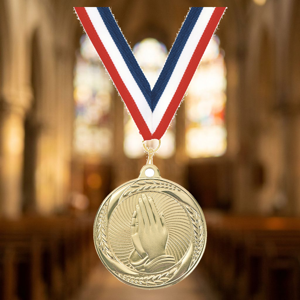 Personalized Praying Hands Medals with Neck Ribbon - Gold - Custom Engraved