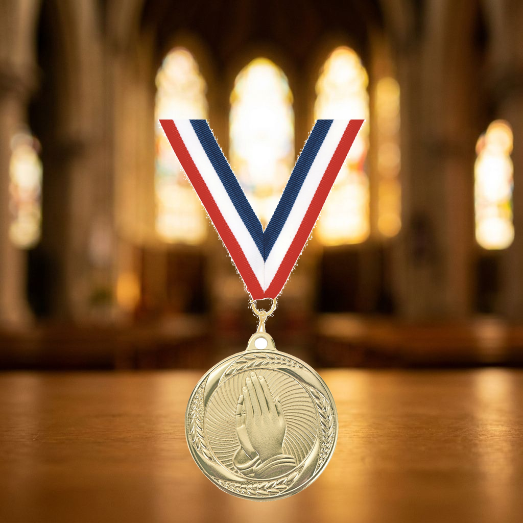 Personalized Praying Hands Medals with Neck Ribbon - Gold - Custom Engraved