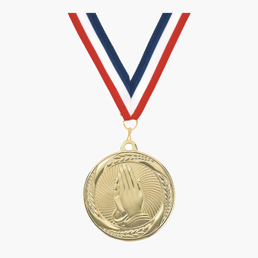 Personalized Praying Hands Medals with Neck Ribbon - Gold - Custom Engraved