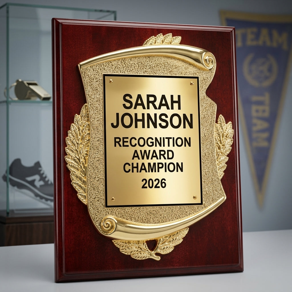 Close-up of the custom engraved name plate on a personalized Recognition Award award (resin) — featuring Retirement Gift Plaque Custom, a popular choice for Sports Leagues and Teams for Sports Banquets
