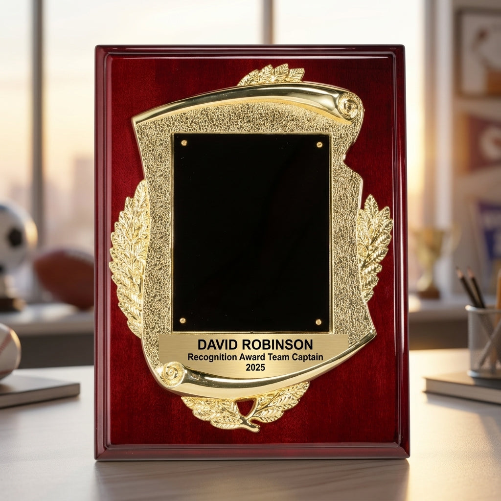 Personalized Recognition Award award additional detail view, a customizable wooden plaque featuring a rich rosewood finish and a decorative gold-framed black engraving plate, ideal for personalized recognition, engraved in resin — featuring 9x12 Rosewood Gold Frame Award, a popular choice for Individuals seeking unique gifts for Academic Achievement Awards