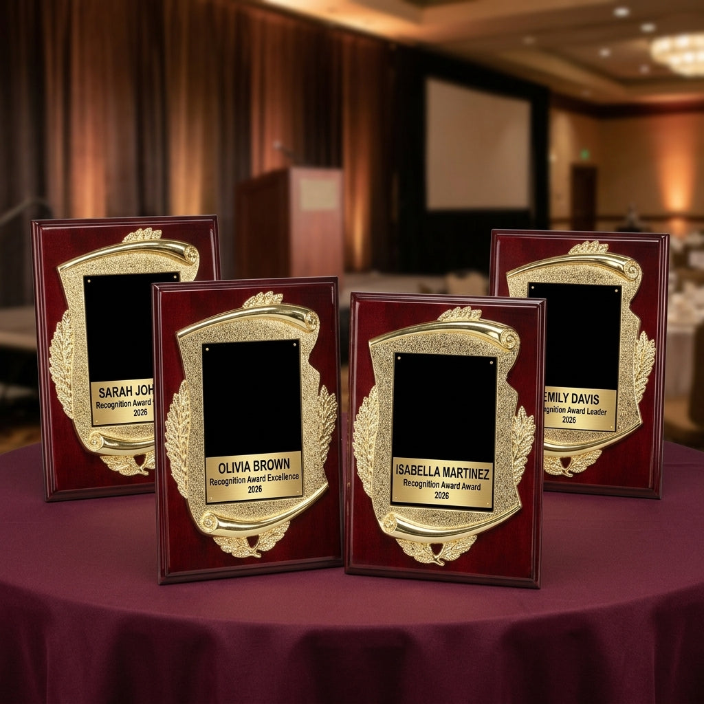 Multiple personalized Recognition Award awards displayed together for a banquet or team order, each custom engraved in resin — featuring Distinguished Service Award Plaque, a popular choice for Event Planners for Annual Galas