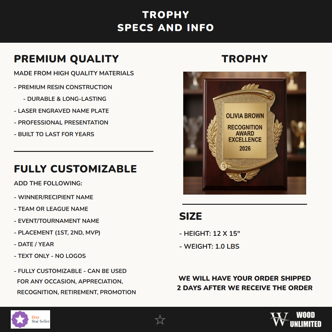 Recognition Award award size, resin material, and personalization specification chart for custom engraving orders — featuring Personalized Corporate Achievement Award, a popular choice for Schools and Universities for Corporate Award Ceremonies