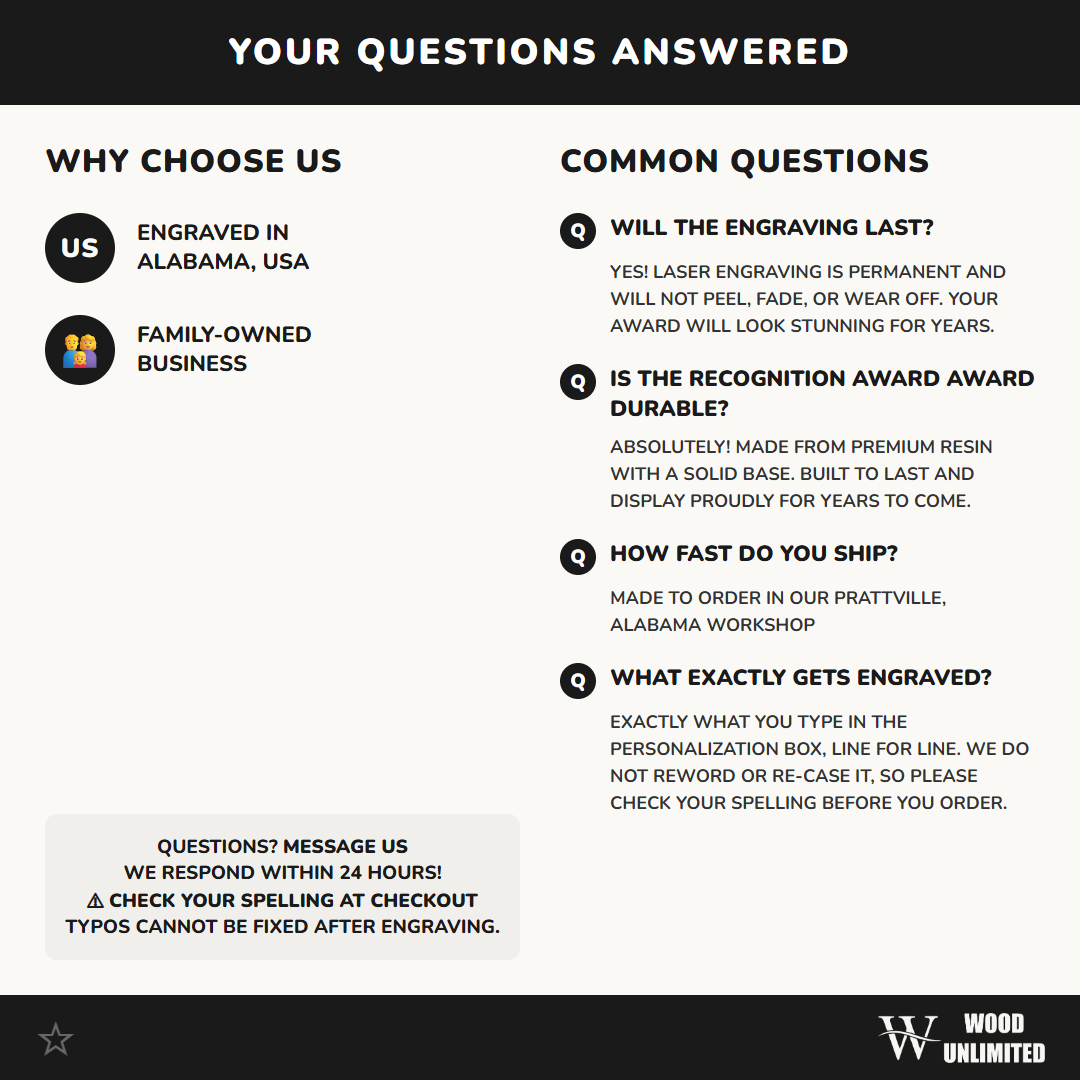 Wood Unlimited quality guarantee and 5-star review summary for the personalized Recognition Award award (resin), formatted for Amazon shoppers — featuring Academic Excellence Award Personalized, a popular choice for Government Agencies for Graduation Ceremonies