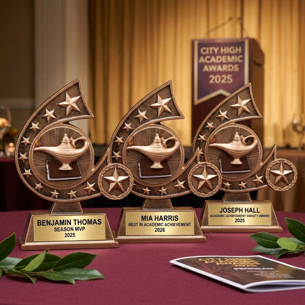 Academic Achievement Awards Banquet Display — Multiple personalized academic achievement trophies for Graduation ceremonies, Academic award banquets, Student of the Year events, and Spelling bee competitions, perfect for Schools and Universities group recognition events