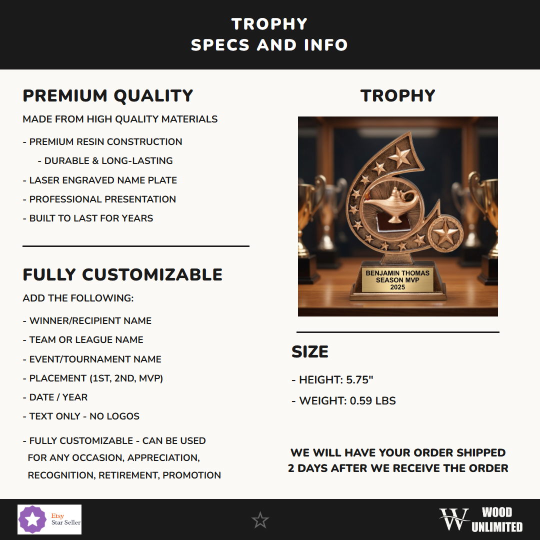 Academic Achievement Trophy Specifications — This award features a genie lamp atop a book, surrounded by stars and a comet-like swirl, symbolizing knowledg. Premium resin with custom laser engraved gold name plate, dimensions and material details for Academic award buyers
