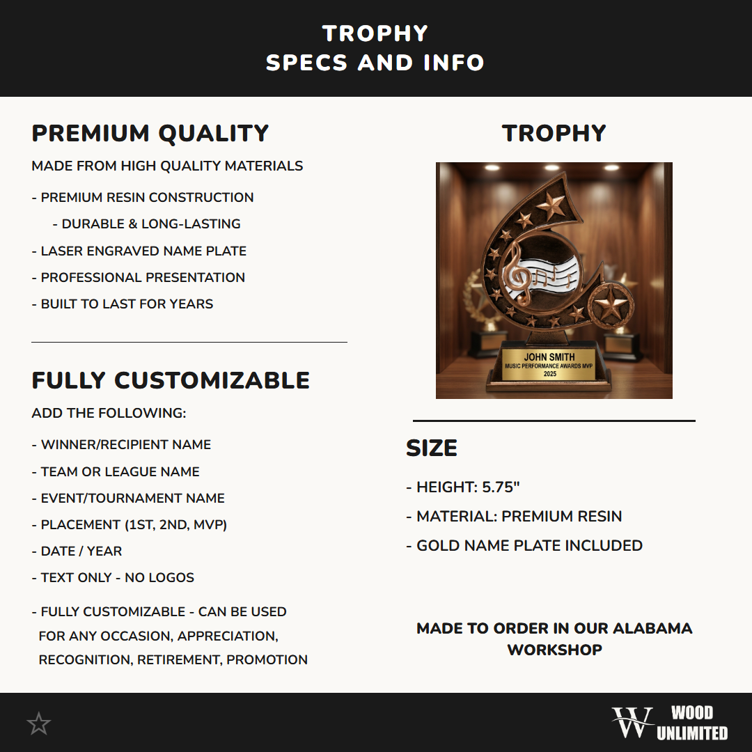Music Trophy Award | Personalized | Custom Engraved | Music Award Trophy | Musician Gift | Music Teacher Award | Personalized Music Trophy
