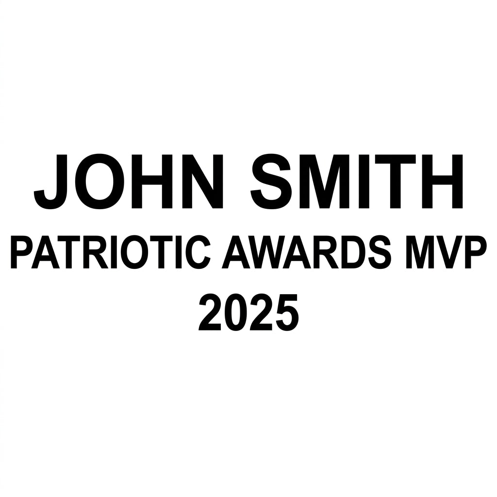 Laser engraving text-placement preview on the resin name plate of a personalized Patriotic Awards award — featuring Custom American flag veteran gift, a popular choice for Corporate Recognition Programs for Memorial Day Events