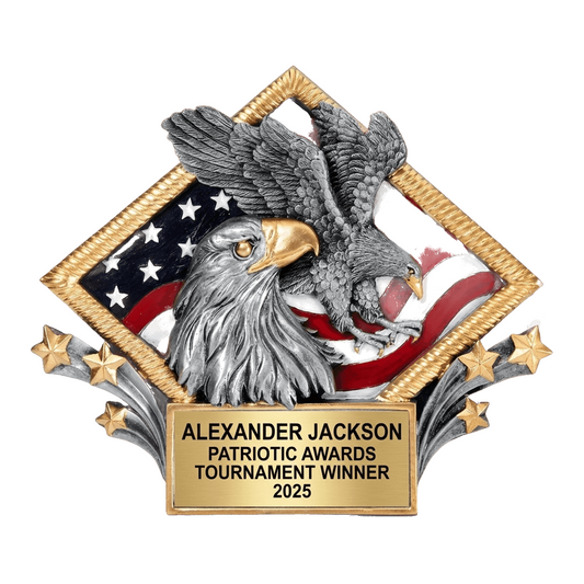 Personalized Patriotic Awards award, custom laser engraved on a resin plate for the recipient's name — featuring Personalized bald eagle award, a popular choice for Veterans for Memorial Day Events
