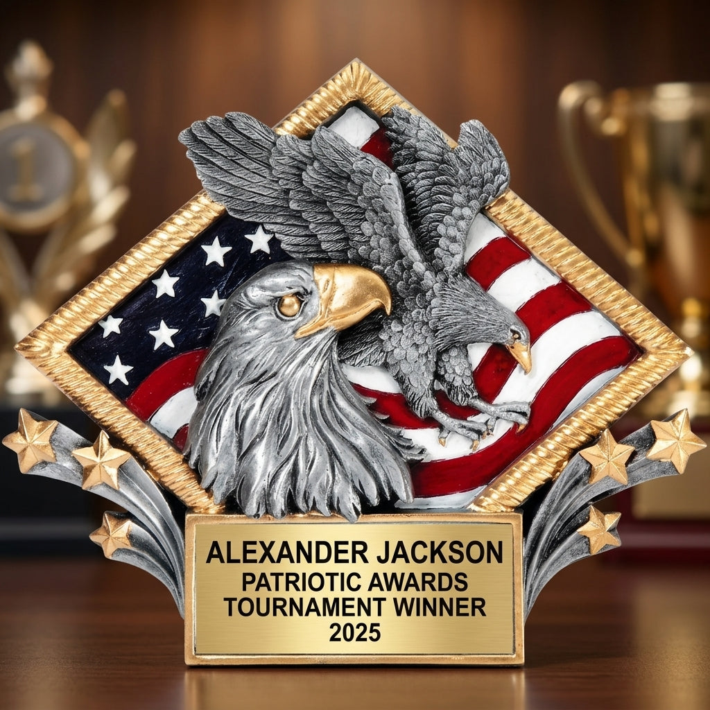 Front view of a personalized Patriotic Awards award in resin, custom engraved with the recipient's name and achievement — featuring Engraved patriotic trophy, a popular choice for Active Military Personnel for Military Retirements