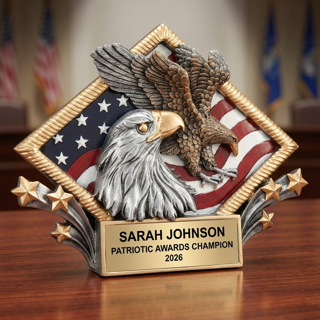 Personalized Patriotic Awards award angled view showing the resin finish and custom engraving detail — featuring Custom American flag veteran gift, a popular choice for Police Officers for Police/Fire Department Awards