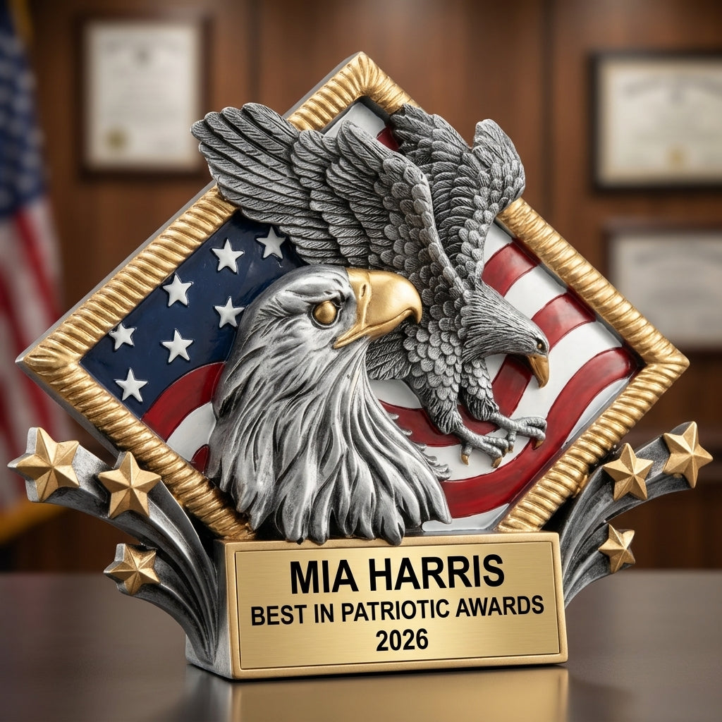 Close-up of the custom engraved name plate on a personalized Patriotic Awards award (resin) — featuring Military service recognition award, a popular choice for Firefighters for Public Service Recognition