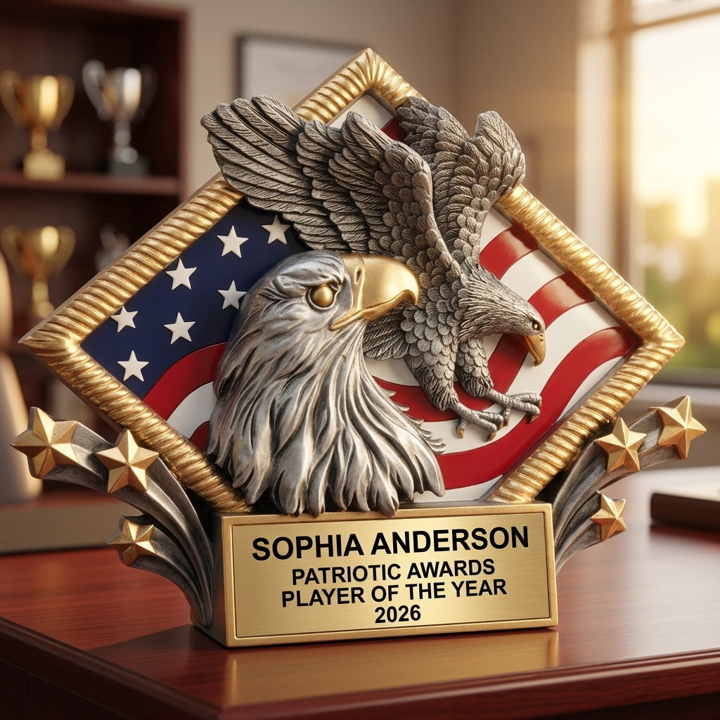 Personalized Patriotic Awards award additional detail view, this award features a majestic bald eagle in flight and a close-up profile, set against a backdrop of the American flag, with a customizable gold engraving plate at the base, engraved in resin — featuring Public service award USA, a popular choice for Patriotic Organizations for Patriotic Holiday Celebrations