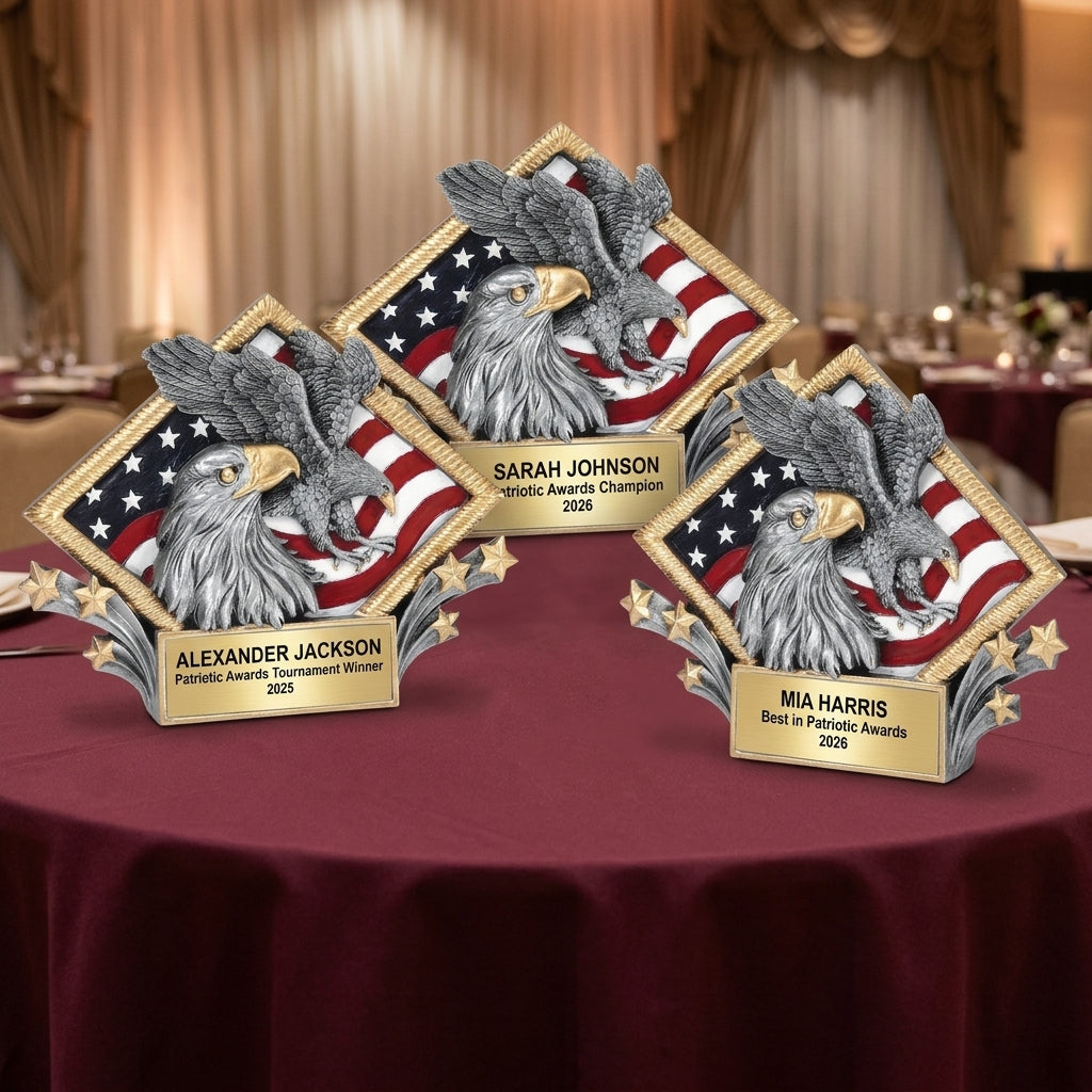Multiple personalized Patriotic Awards awards displayed together for a banquet or team order, each custom engraved in resin — featuring Diamond plate patriotic award, a popular choice for Schools for Graduation Ceremonies