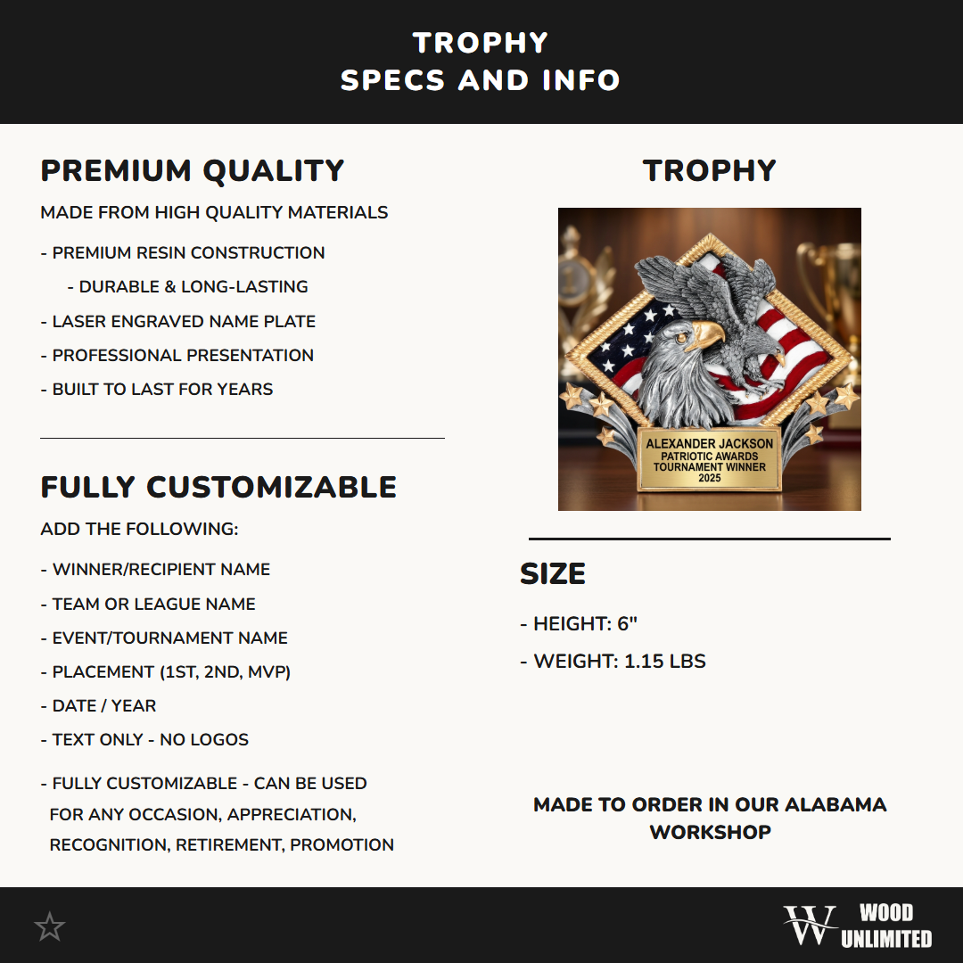 Patriotic Awards award size, resin material, and personalization specification chart for custom engraving orders, formatted for Amazon shoppers — featuring Personalized bald eagle award, a popular choice for Corporate Recognition Programs for Veteran's Day Ceremonies