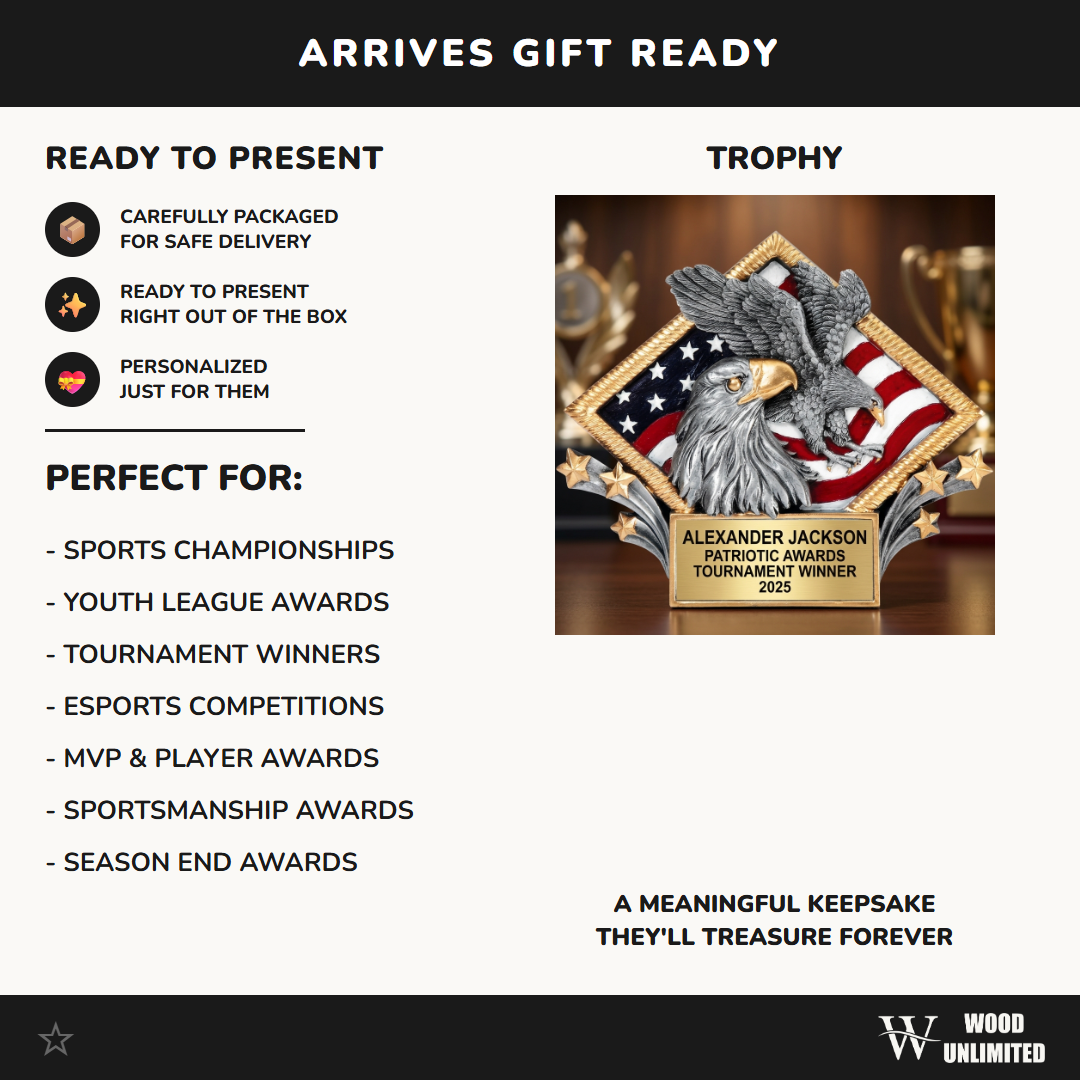 Gift-ready presentation of a personalized Patriotic Awards award in resin, ready to ship for recognition gifting, formatted for Amazon shoppers — featuring Personalized bald eagle award, a popular choice for Patriotic Organizations for Graduation Ceremonies