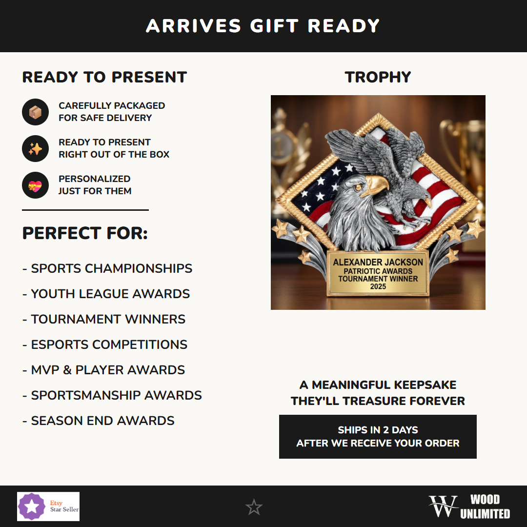 Gift-ready presentation of a personalized Patriotic Awards award in resin, ready to ship for recognition gifting — featuring Engraved patriotic trophy, a popular choice for Schools for Veteran's Day Ceremonies