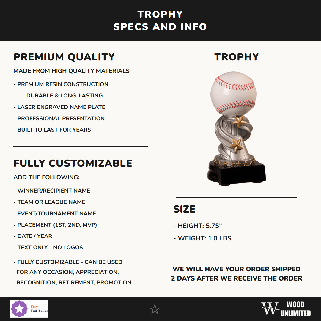 Baseball trophy size and product specifications - 5.75 inches tall