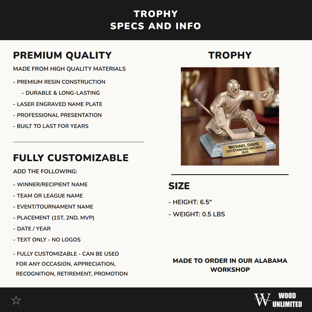 Personalized | Hockey Award | Custom Engraved | Hockey Goalie | Custom Trophy | Personalized Award | Engraved Gift | Youth Hockey