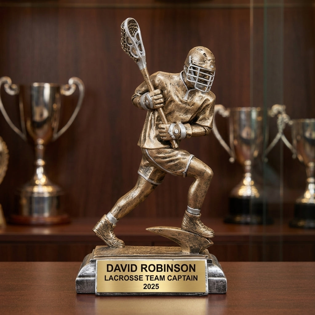 Lacrosse Trophy Award | Personalized | Custom Engraved | Lacrosse MVP | Gold Name Plate | Wood Unlimited - View 1