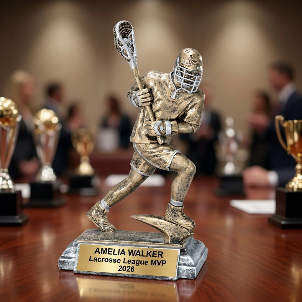 Lacrosse Trophy Award | Personalized | Custom Engraved | Lacrosse MVP | Gold Name Plate | Wood Unlimited - View 2
