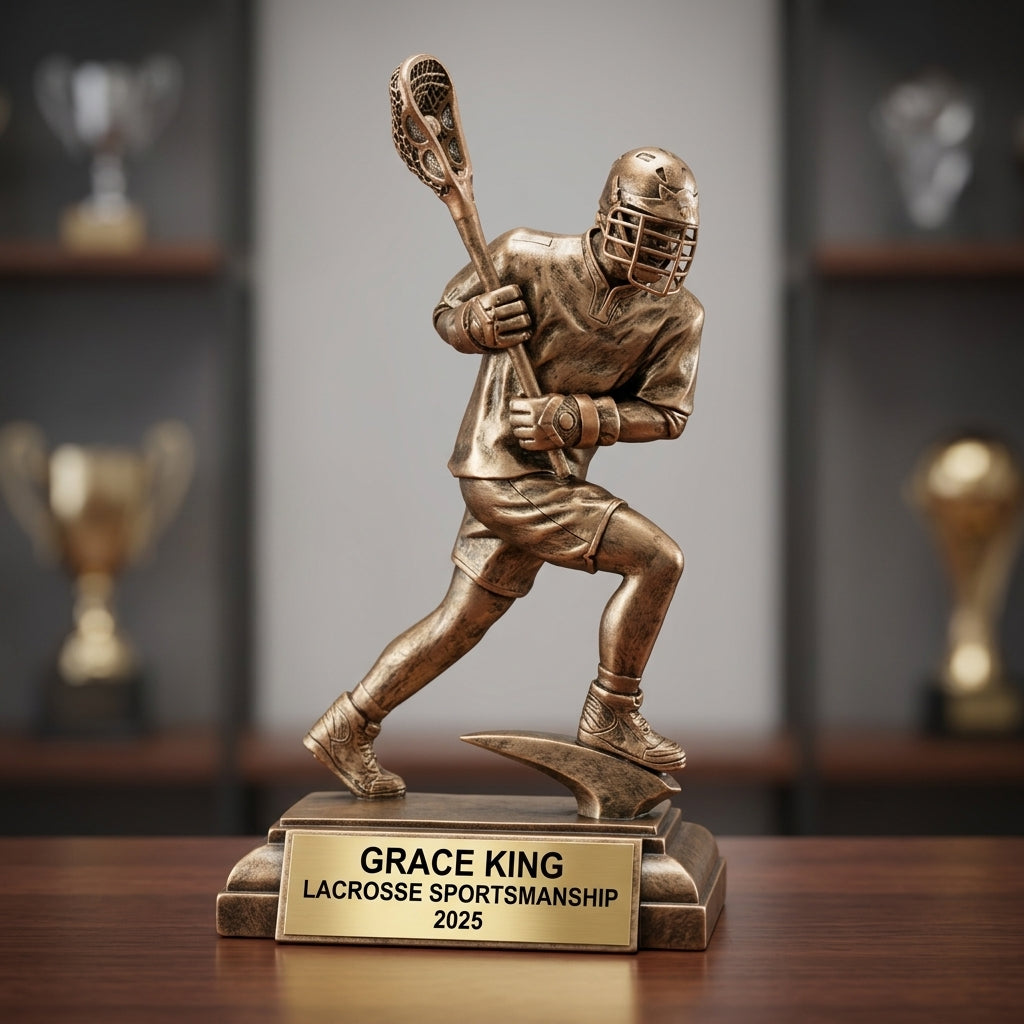 Lacrosse Trophy Award | Personalized | Custom Engraved | Lacrosse MVP | Gold Name Plate | Wood Unlimited - View 3