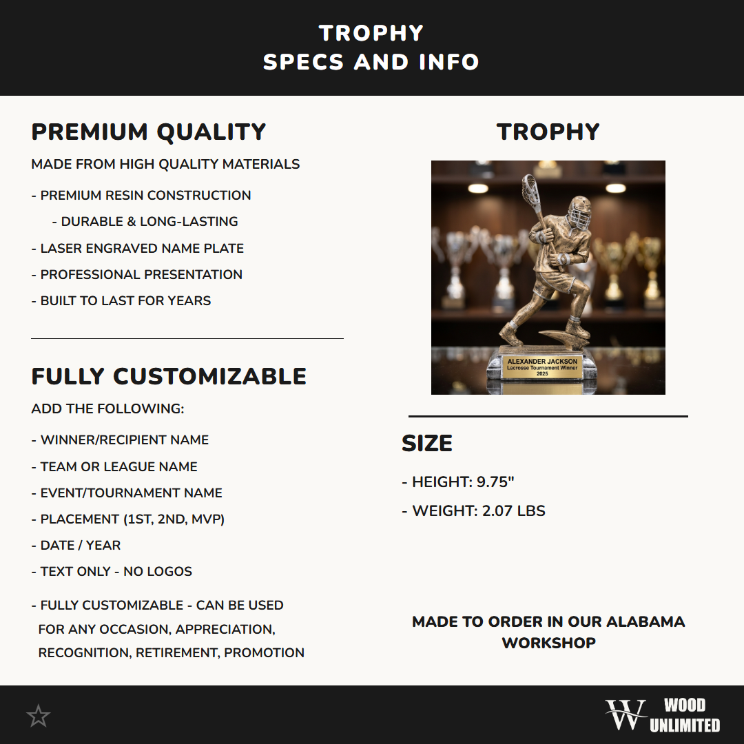 Lacrosse Trophy Award | Personalized | Custom Engraved | Lacrosse MVP | Gold Name Plate | Wood Unlimited