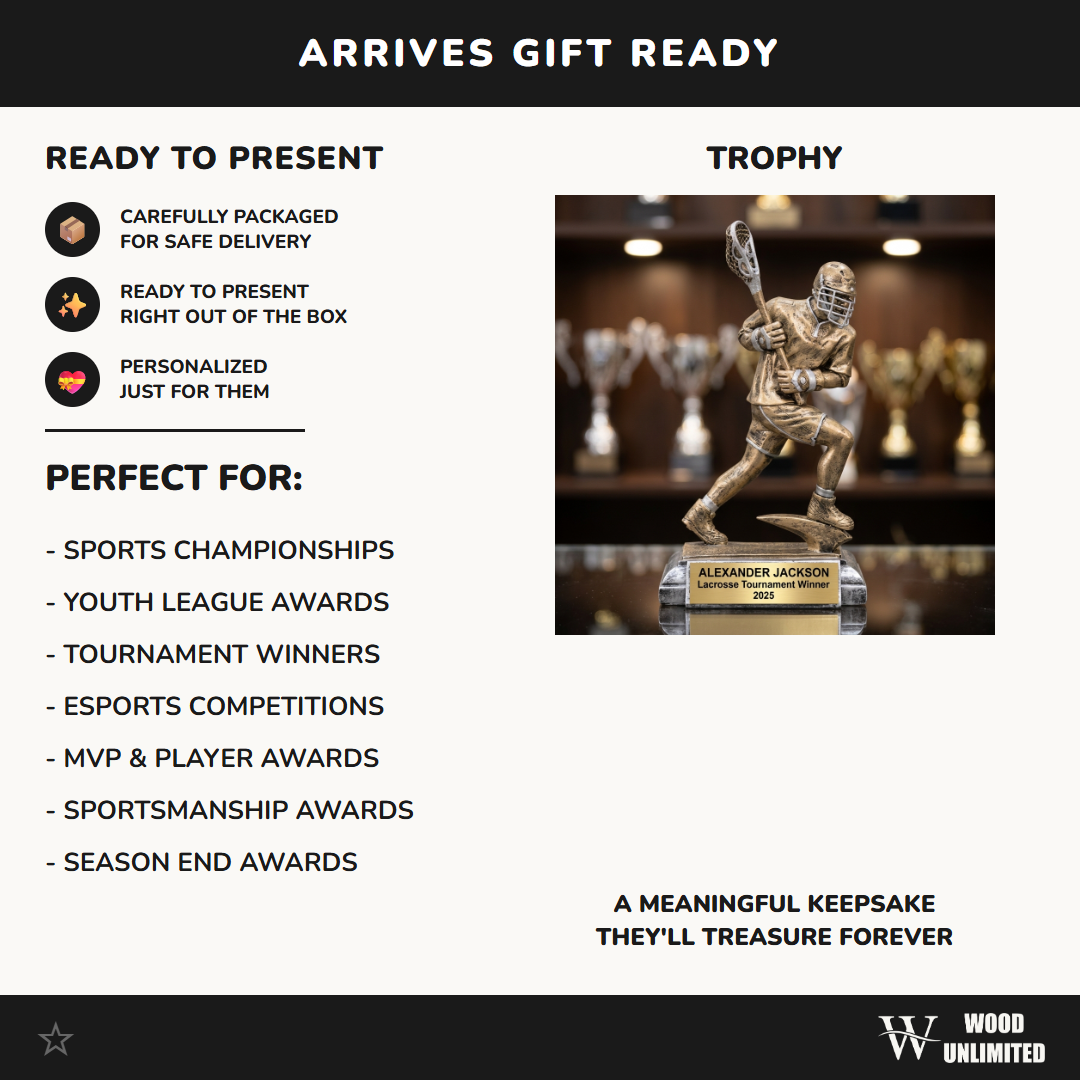 Lacrosse Trophy Award | Personalized | Custom Engraved | Lacrosse MVP | Gold Name Plate | Wood Unlimited
