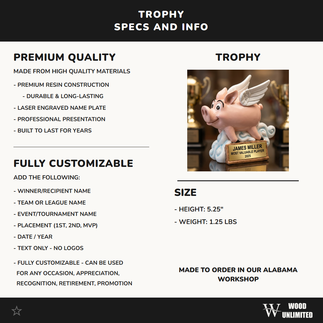 Personalized | Impossible Achievement Award | Custom Engraved | Flying Pig Trophy | When Pigs Fly Award | Unique Recognition