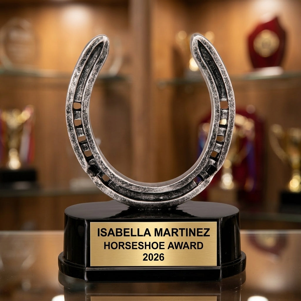 Personalized 5-inch horseshoe trophy with custom laser-engraved gold nameplate on weighted base for awards and recognition