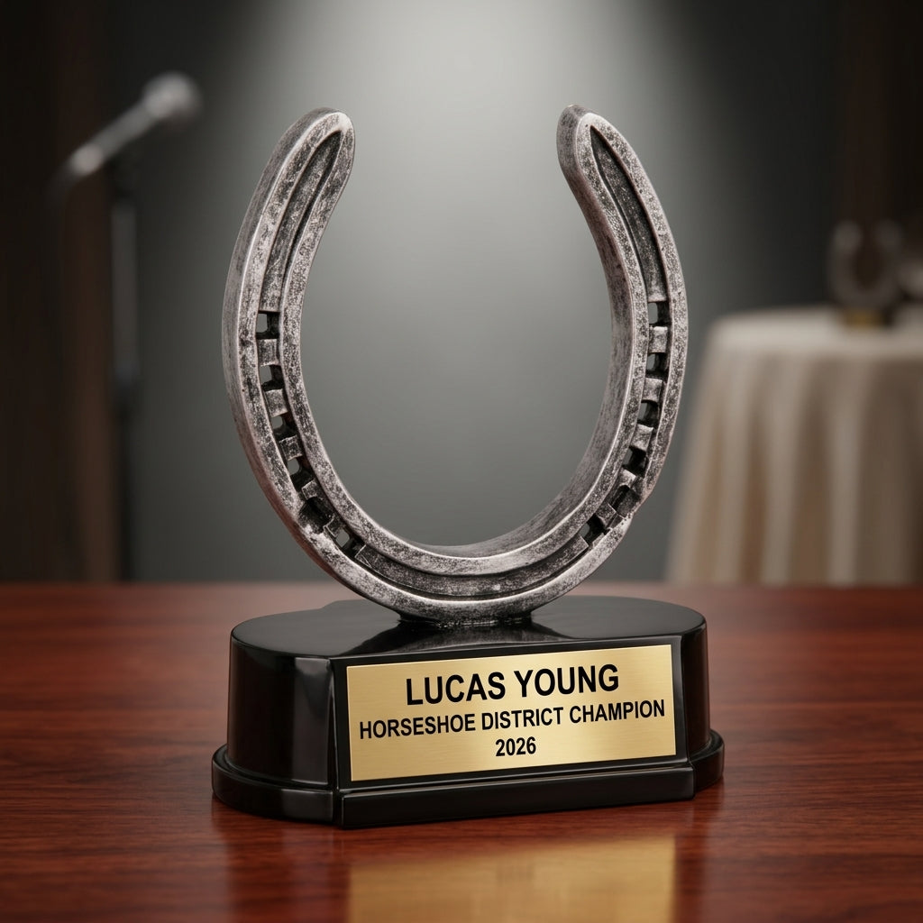 Horseshoe trophy specifications showing 5-inch height, gold finish, resin construction, and personalization options