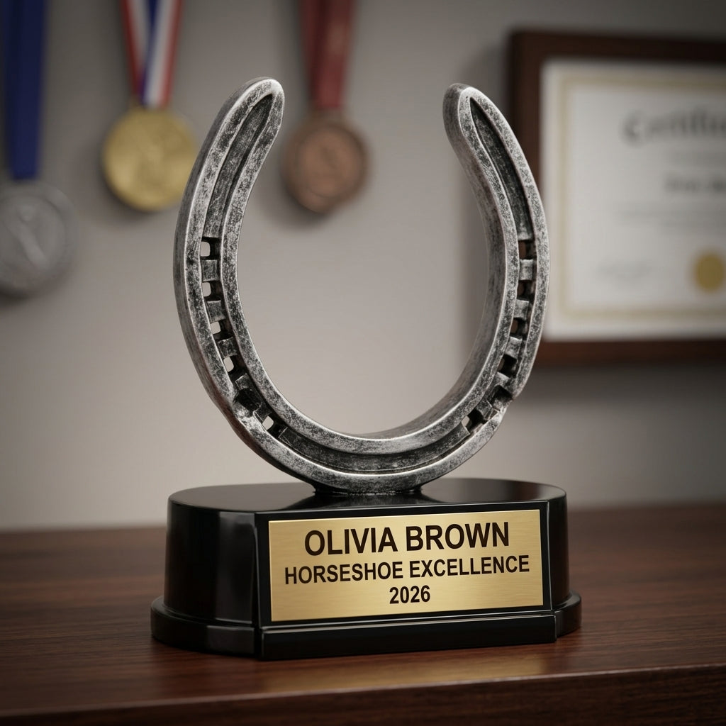 Horseshoe trophy banquet display with multiple personalized awards featuring custom laser engraving