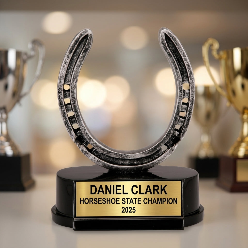 How to order a personalized horseshoe trophy in 3 easy steps with custom name, team, and year engraving